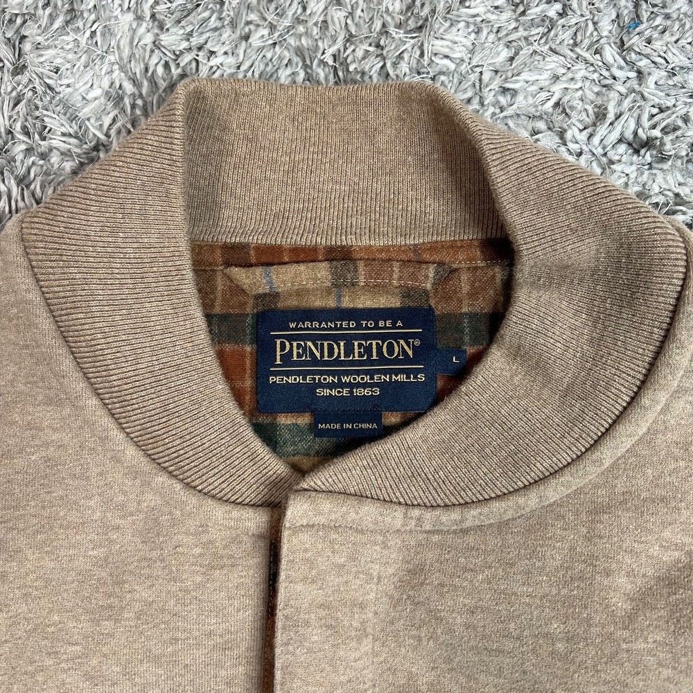 Pendleton Fleece Bomber Jacket Mens Large Wool Plaid Trim Button Front Beige - Picture 3 of 9